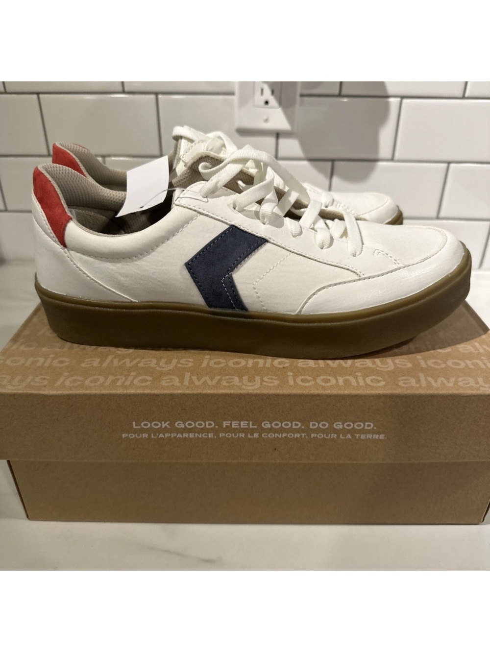 Dr. Scholl's White Retro Style Sneakers with Navy Chevron and Red Heel